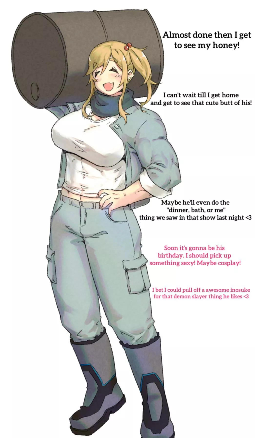 Working Woman Daydream (wholesome)(muscle)(mentions of cosplay)(minew01) posted by RatGates