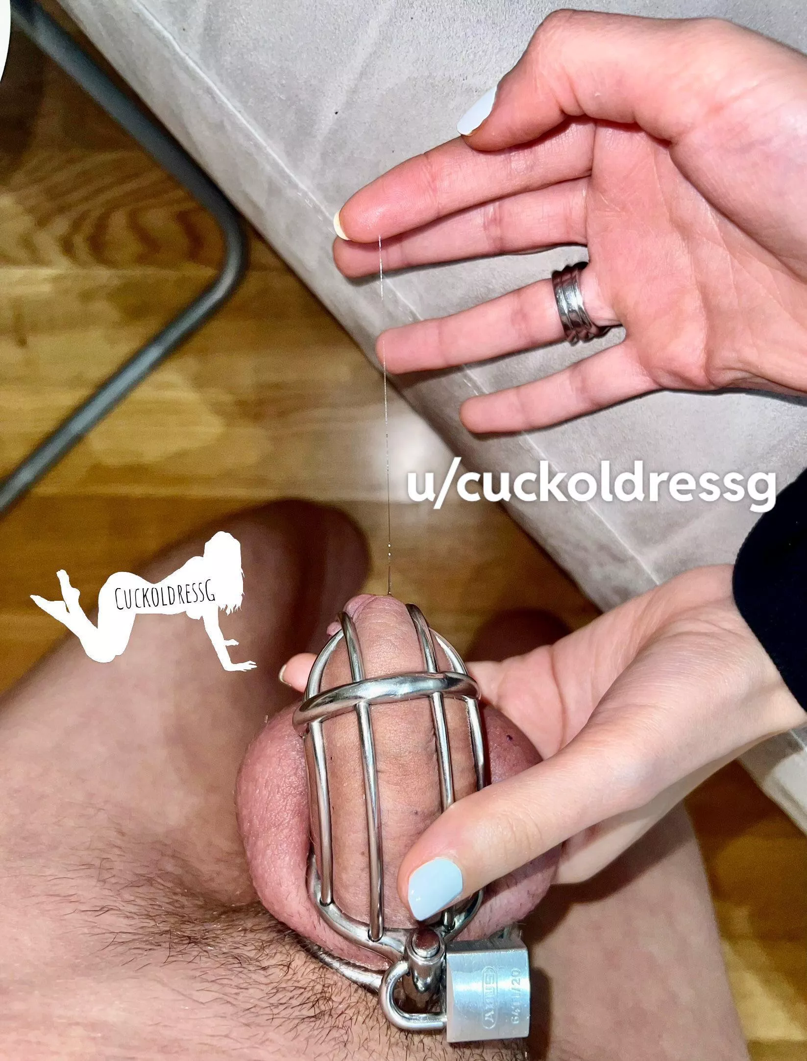 I love how desperate cucky gets when I keep him locked and denied for more than a month. He always leaks so much! I guess he’ll have to lick everything up… posted by CuckoldressG