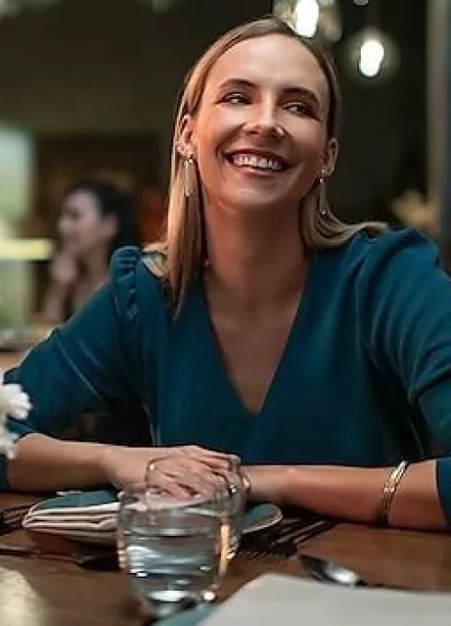 Dinner blonde in blue dress by Due_Reputation_3525