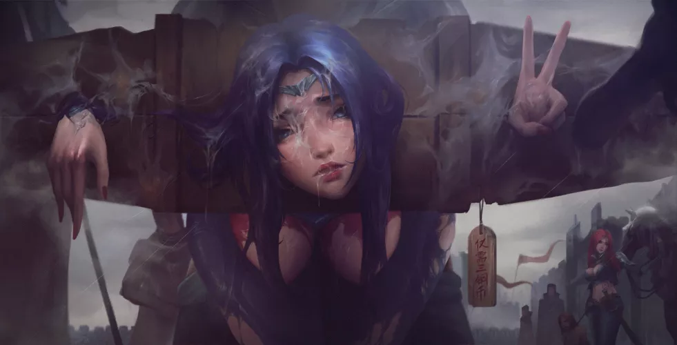 Irelia posing in a pillory (Ying) by Fabian12204