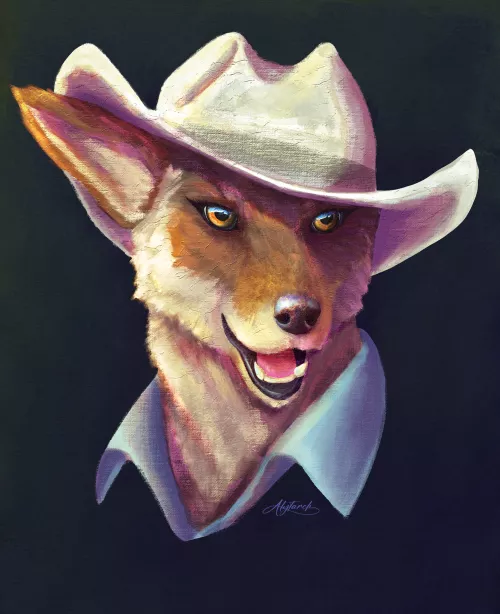 Mattie Cairns, Coyote cowgirl of @VSweatered new story, 𝘔𝘺 𝘗𝘦𝘵𝘳𝘰𝘤𝘩𝘦𝘮𝘪𝘤𝘢𝘭 𝘙𝘰𝘮𝘢𝘯𝘤𝘦. [Art by me @Alytarcha on twitter] by Alytarcha