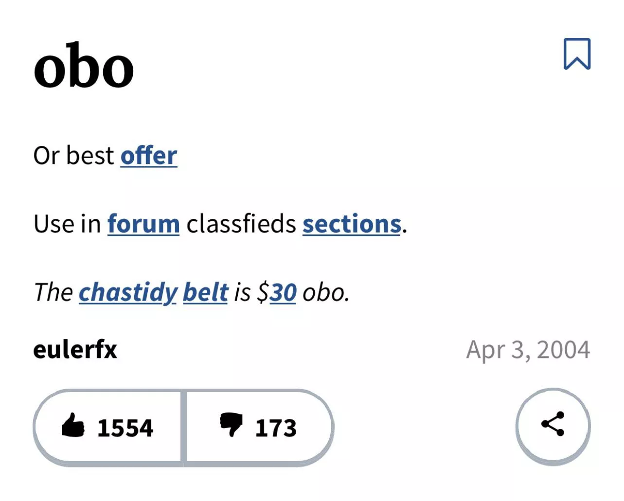 This was the example given for “or best offer” on the urban dictionary from 2004 I thought it belonged here. Also look at the way they spelled chastity. posted by Specialist_Contract1