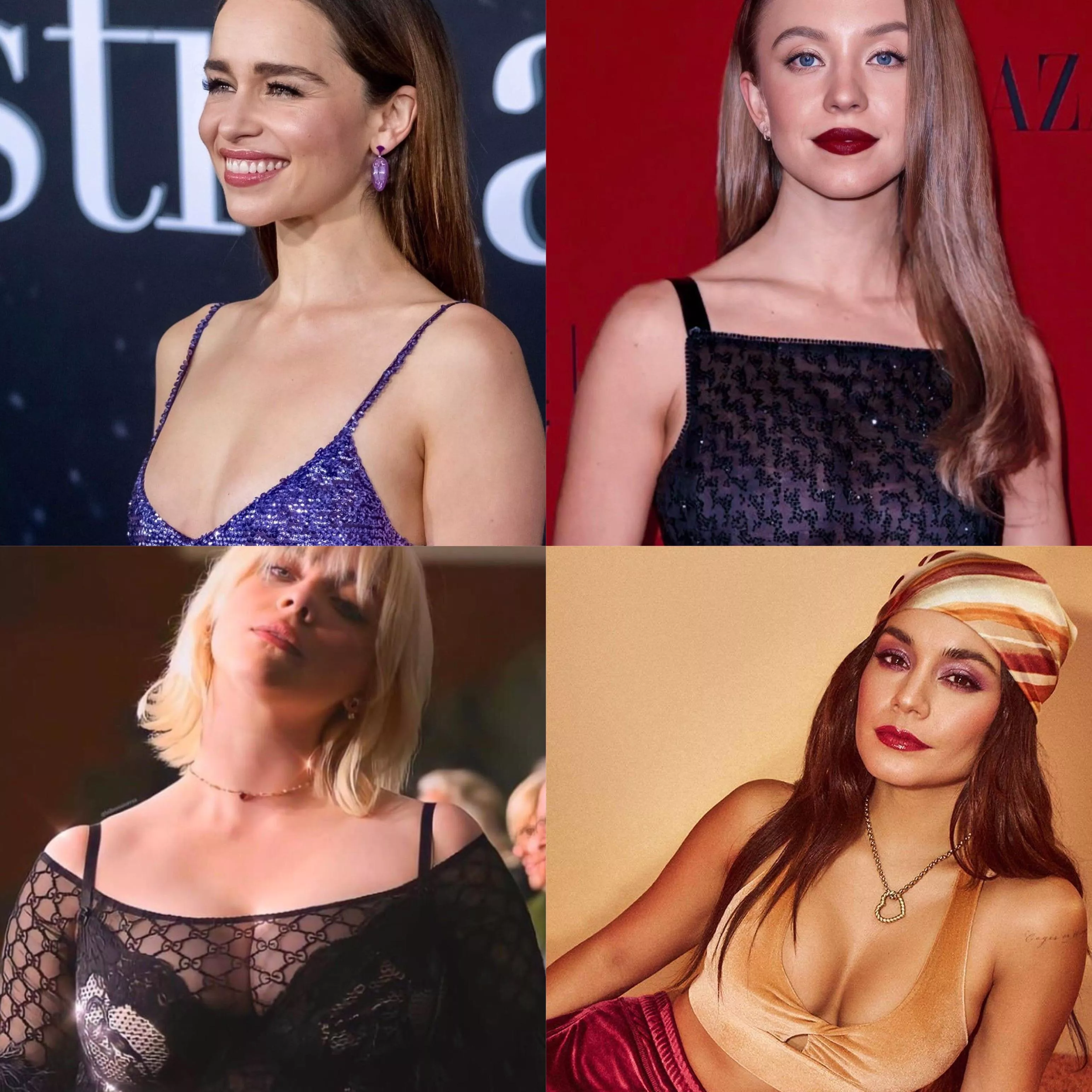 Doing college homework but would much rather be doing one or all of them (Emilia Clarke, Sydney Sweeney, Billie Ellish, Vanessa Hudgens) come distract me. posted by BoiledMilkOnHead