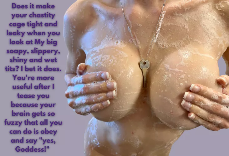How does your chastity cage feel? You're so much more useful when you're horny and dumb from My tease and denial. | Chastity Caption by FemDom Goddess Nikki Kit by GoddessNikkiKit
