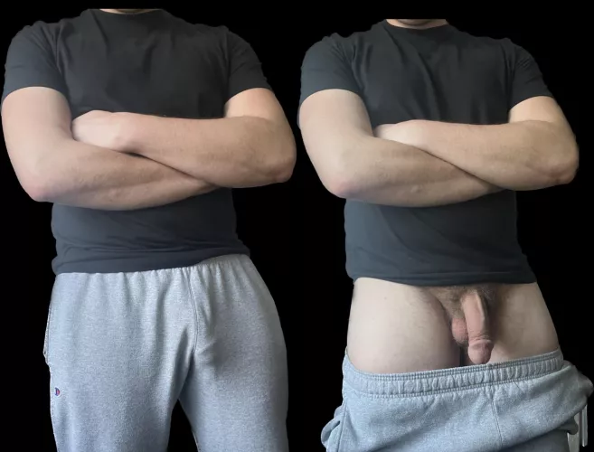 The bulge in grey sweatpants vs the cock and balls that make the bulge (25) by freakydeaky6611