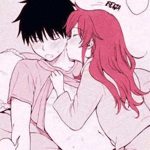 LF Color Source: 1girl, 1boy, Black hair, Red hair, sweater, t-shirt, kissing neck, shirt pulled up, exposed belly, 