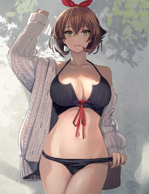 Mutsu chilling in her underwear and sweater [Kancolle] by namiaiman