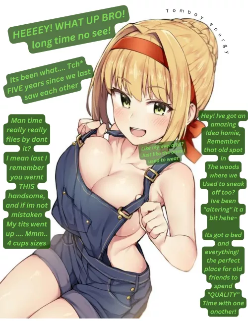 You're Reunion with an old friend [Tomboy] [Overalls] [Implied sex] [only 1 piece of clothing] [childhood friends] [Male Pov] [Artist- JP06] by That-one-Ace-