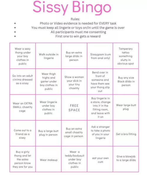 Does this inspire you to get exposed in public? Which path to bingo would you take by sissykelly10