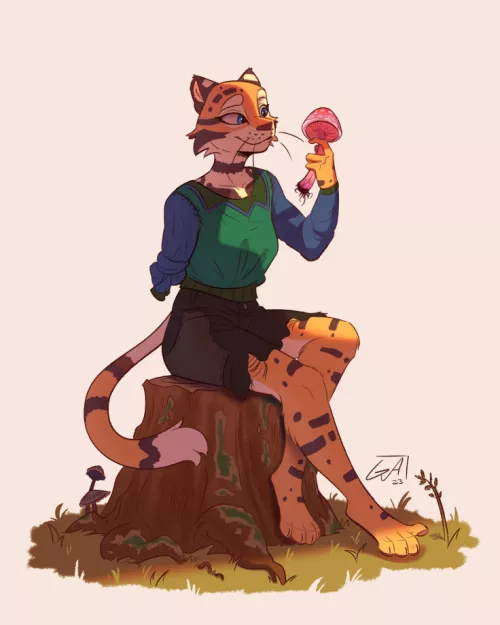 My ocelot, Svamp, enjoying her hobby of mushroom foraging :D - Art by me 🍄 (@ArtsGalinn on Twitter) by Galinn-Arts