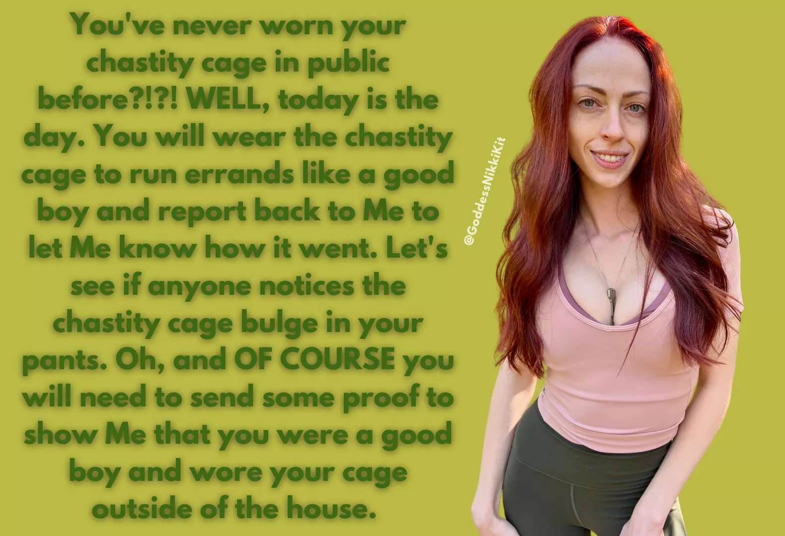 Have you ever left the house while wearing your chastity cage? Where is the most exciting place you've ever worn your dick cage? | Chastity Caption by FemDom Goddess Nikki Kit posted by GoddessNikkiKit