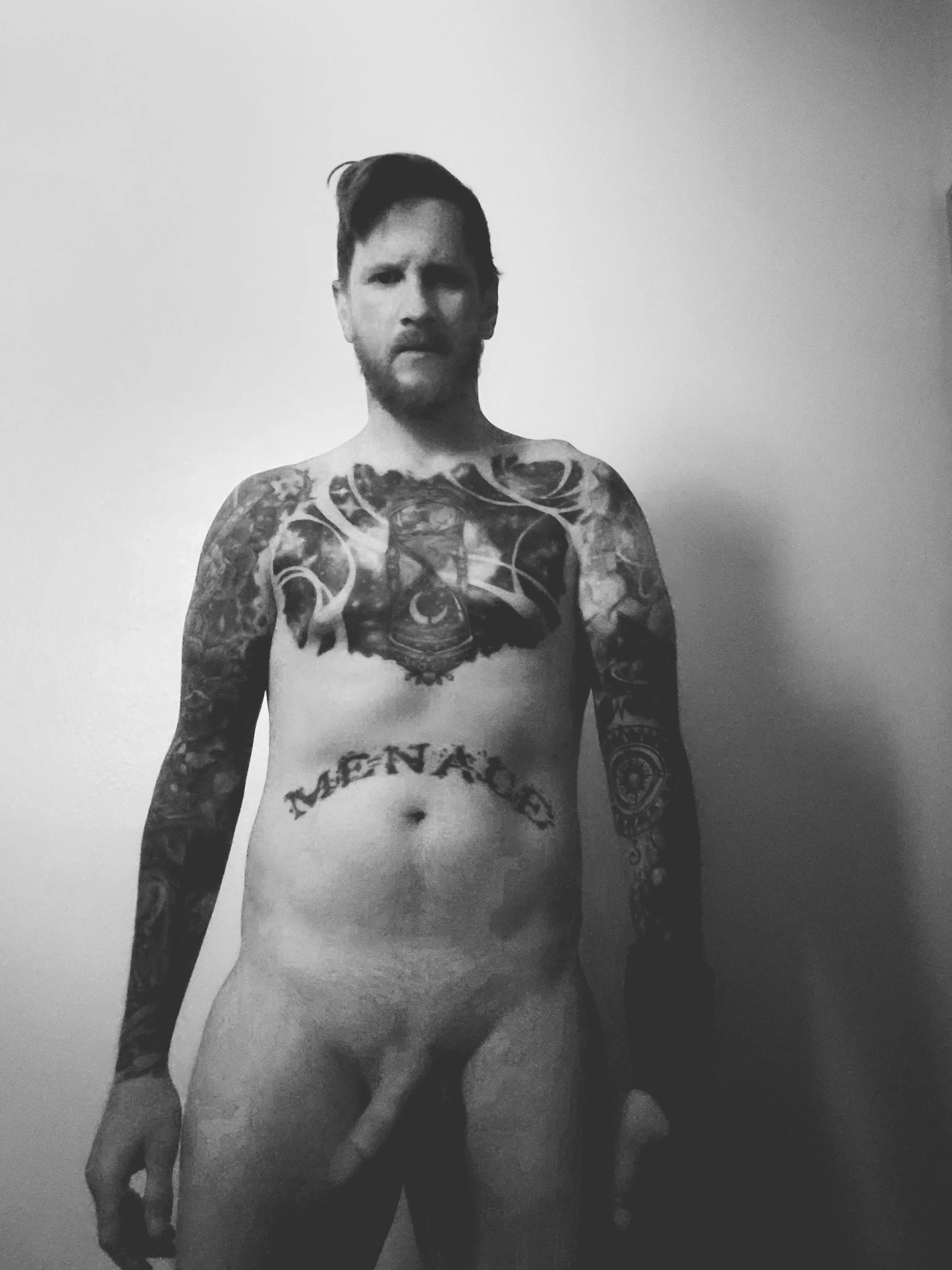 wearing only the brace for my broken hand posted by Menace_Imagery