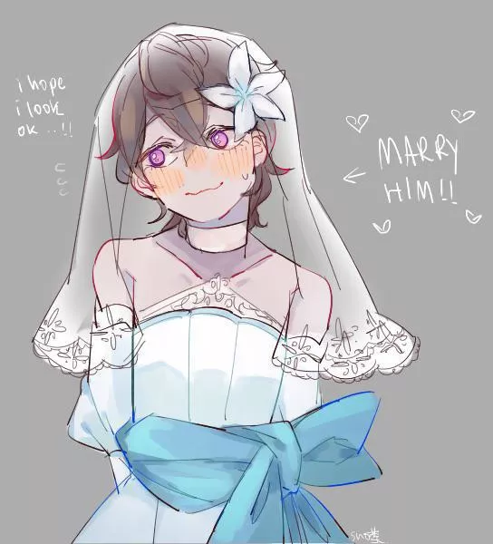 LF color source: brown hair, pink eyes, flower in hair, choker, wedding veil, wedding dress, “I hope I look ok..”, “MARRY HIM!!”, blue bow, hands behind back, blush posted by ChongasBiscotti