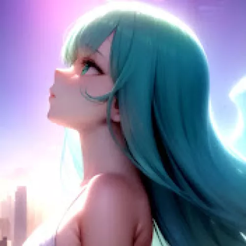 LF color source: 1girl, green hair, green eyes, crop, long hair, looking up, sky, bare shoulder by gmdragon