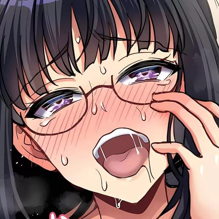 LF Color Source:1girl, black hair, long hair, glasses, blush, open mouth, upper teeth, sweat, ahegao, mug shot posted by go121251