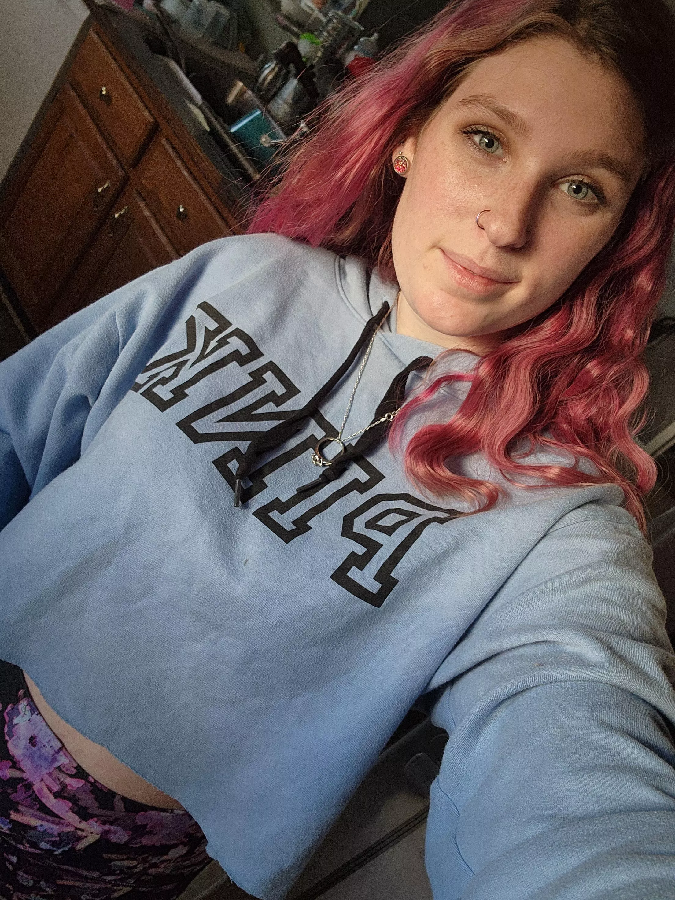 I cut my sweatshirt into a crop top!! i love it!!! posted by skybaby260