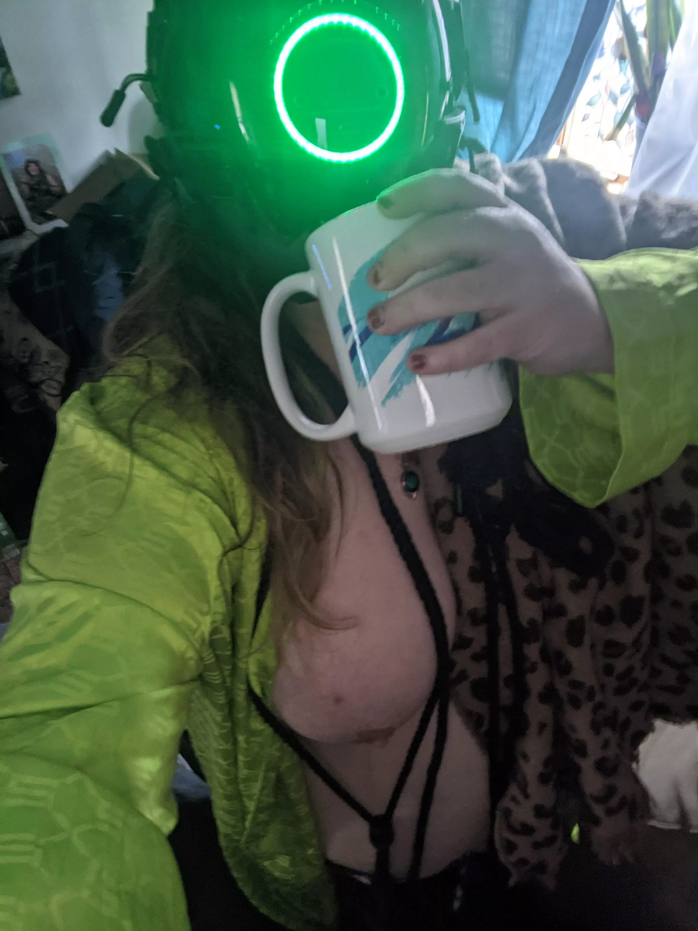 good morning r/ropebondage. the green light on my mask is on today which means my reddit battery is all charged up and I'm ready to be a roped up little bunny for you right now. enjoy this photo and be safe in your rope ties and suspensions today if/whe posted by grlsNprls