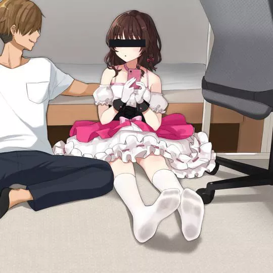 LF Color Source, censor bar over eyes, frilled dress, white gloves, white knee high socks, brown hair, 1girl, 1boy posted by hhpog