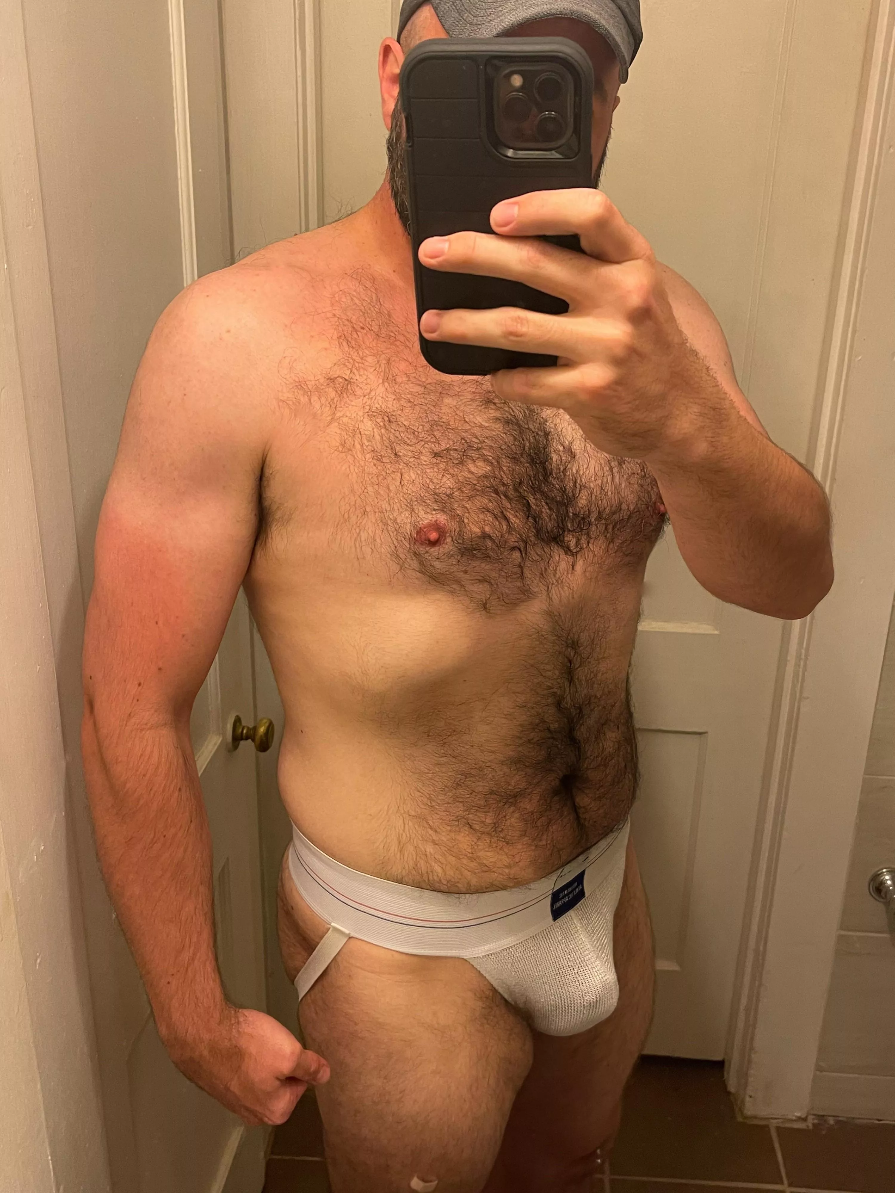 [40] 6’4” 210 lbs married dad in Texas. After my Friday evening 4 mile run I’m a little sweatier than usual and about to take a shower. Wore one of my Champion jocks tonight. posted by wftxguy