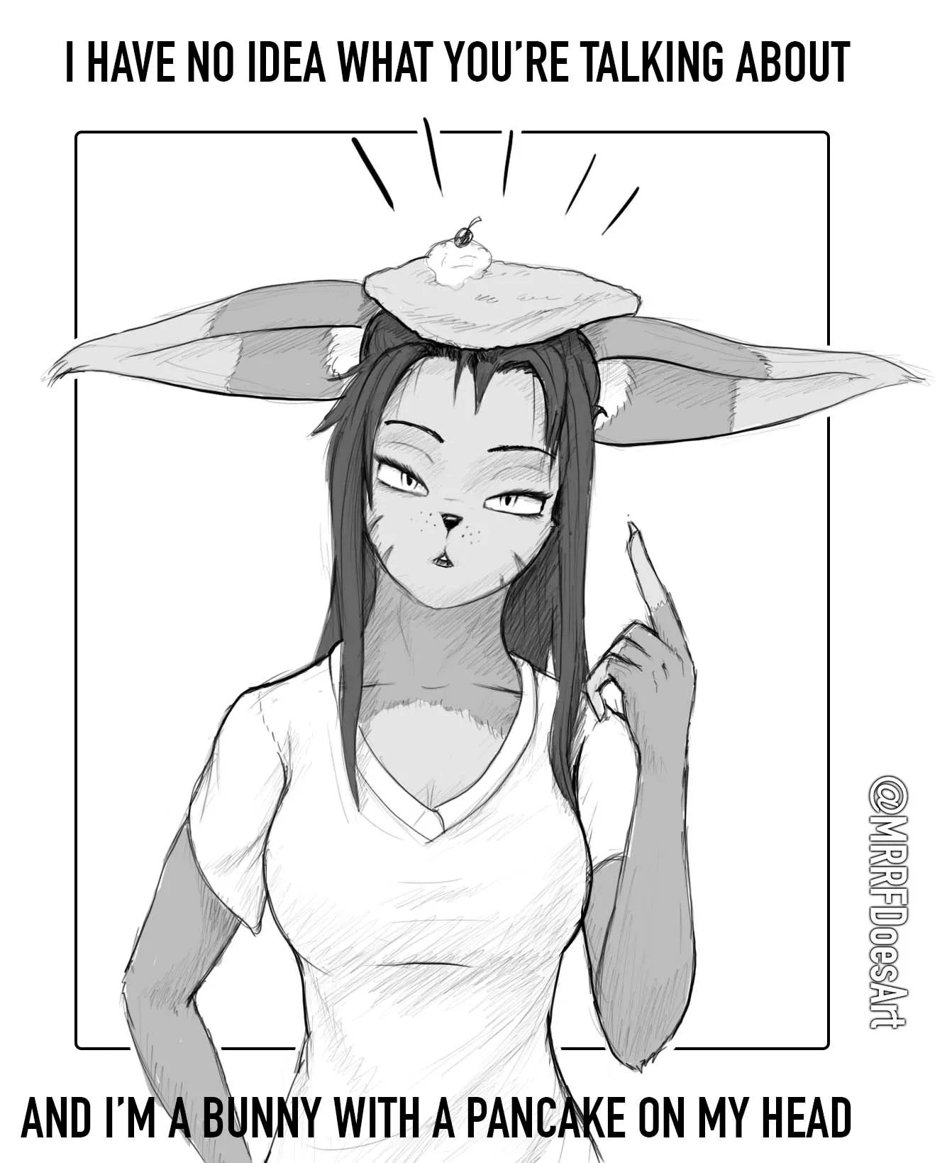 Bunny with a pancake on its head by @MRRFDoesArt (me) posted by LinnBunny