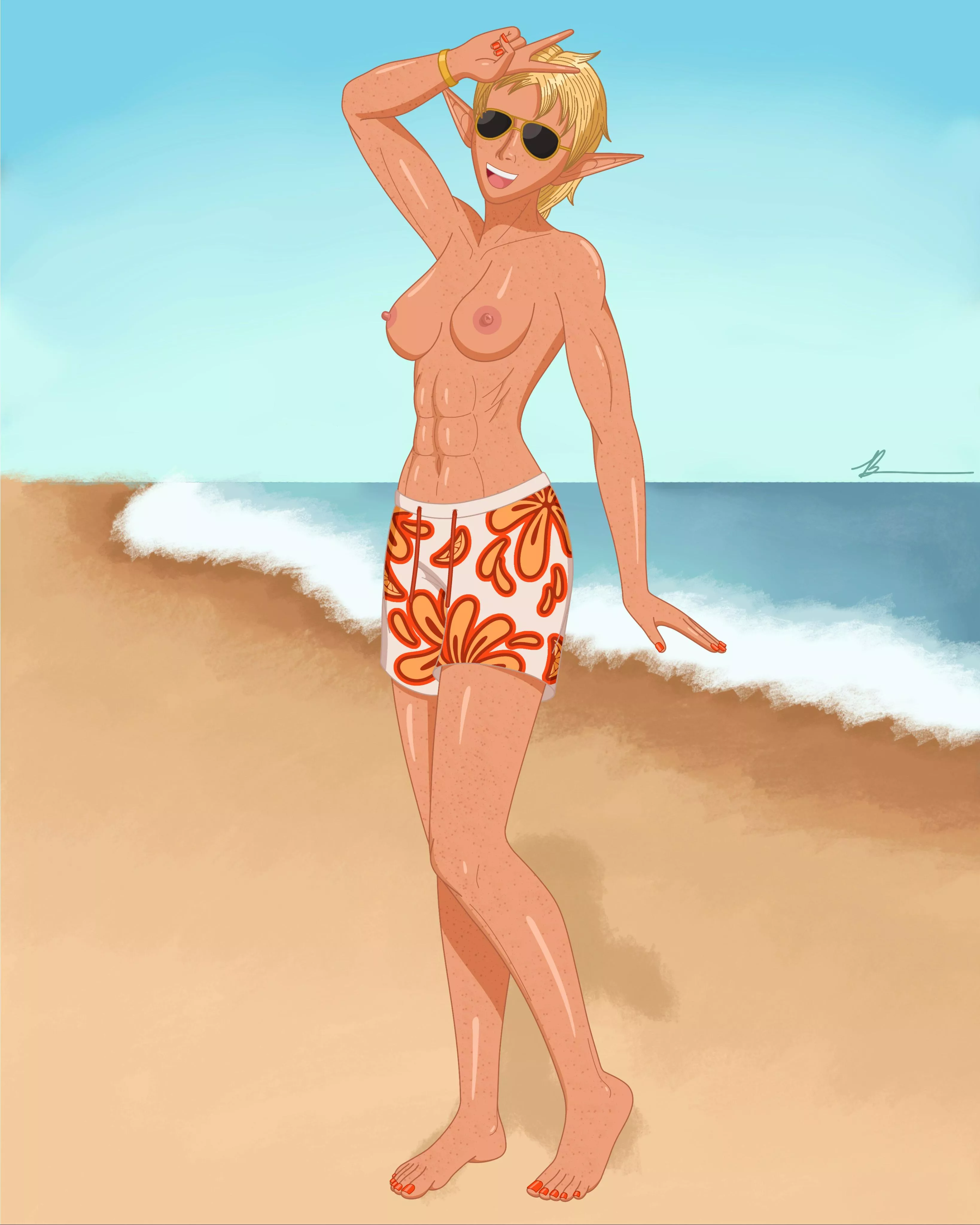 Tomboy Elf on the Beach! Give me suggestions on what to draw her doing on the beach and the best comment will be drawn! 😁 posted by Snarch_