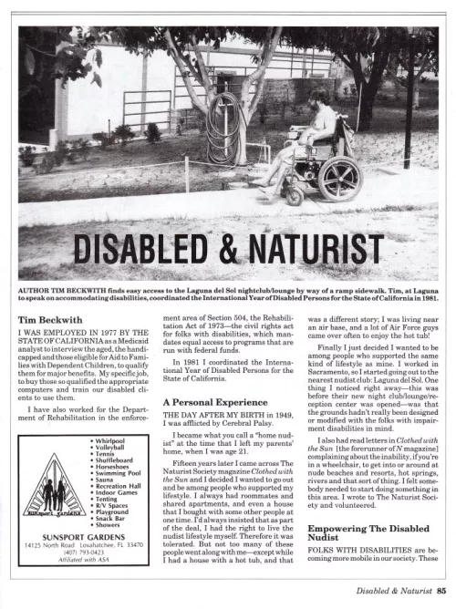 Disabled & Naturist (Nude & Natural magazine, summer 1994) - We need more wheelchair accessible resorts, campings & beaches. by NaturistPictures