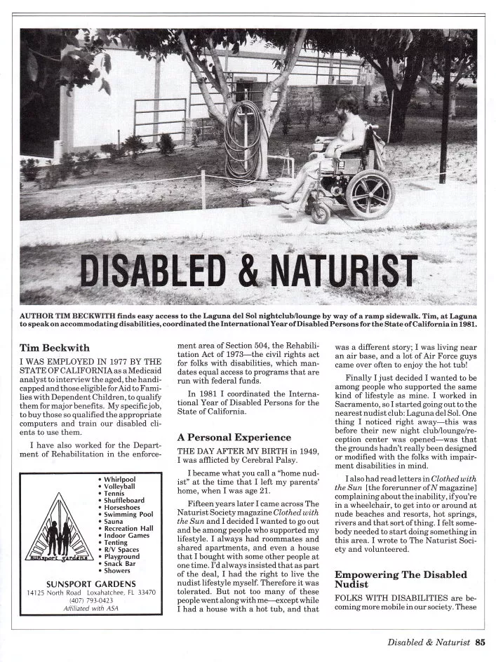 Disabled & Naturist (Nude & Natural magazine, summer 1994) - We need more wheelchair accessible resorts, campings & beaches. posted by NaturistPictures