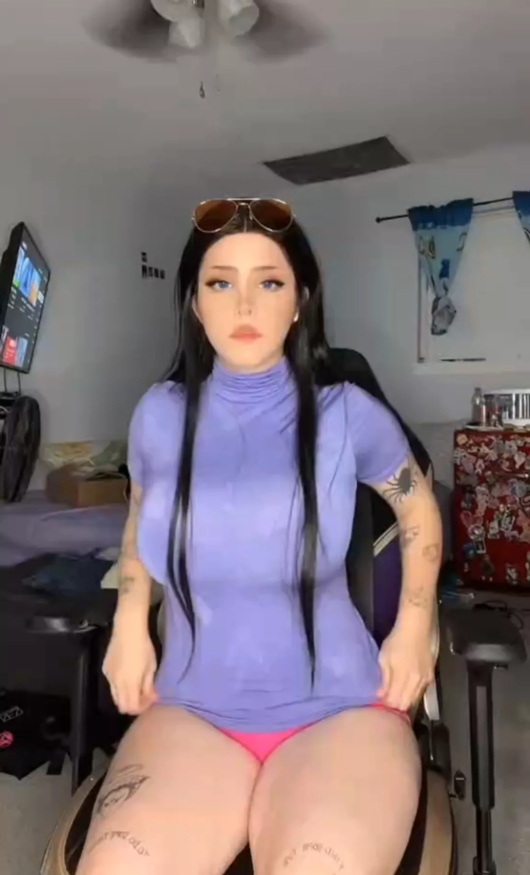 Too busty to hide in purple shirt and pinks shorts posted by BustyWomenAreBetter