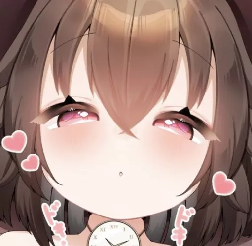 LF color source: 1girl, blush, brown hair, short hair, eyes between hair, big red eyes, gradient eyes, oval face shape, classic clock neckwear, clock nacklace, heart shape, foreign text, doki doki, looking at viewer, open mouth, small nose, small mouth,  by toneonis