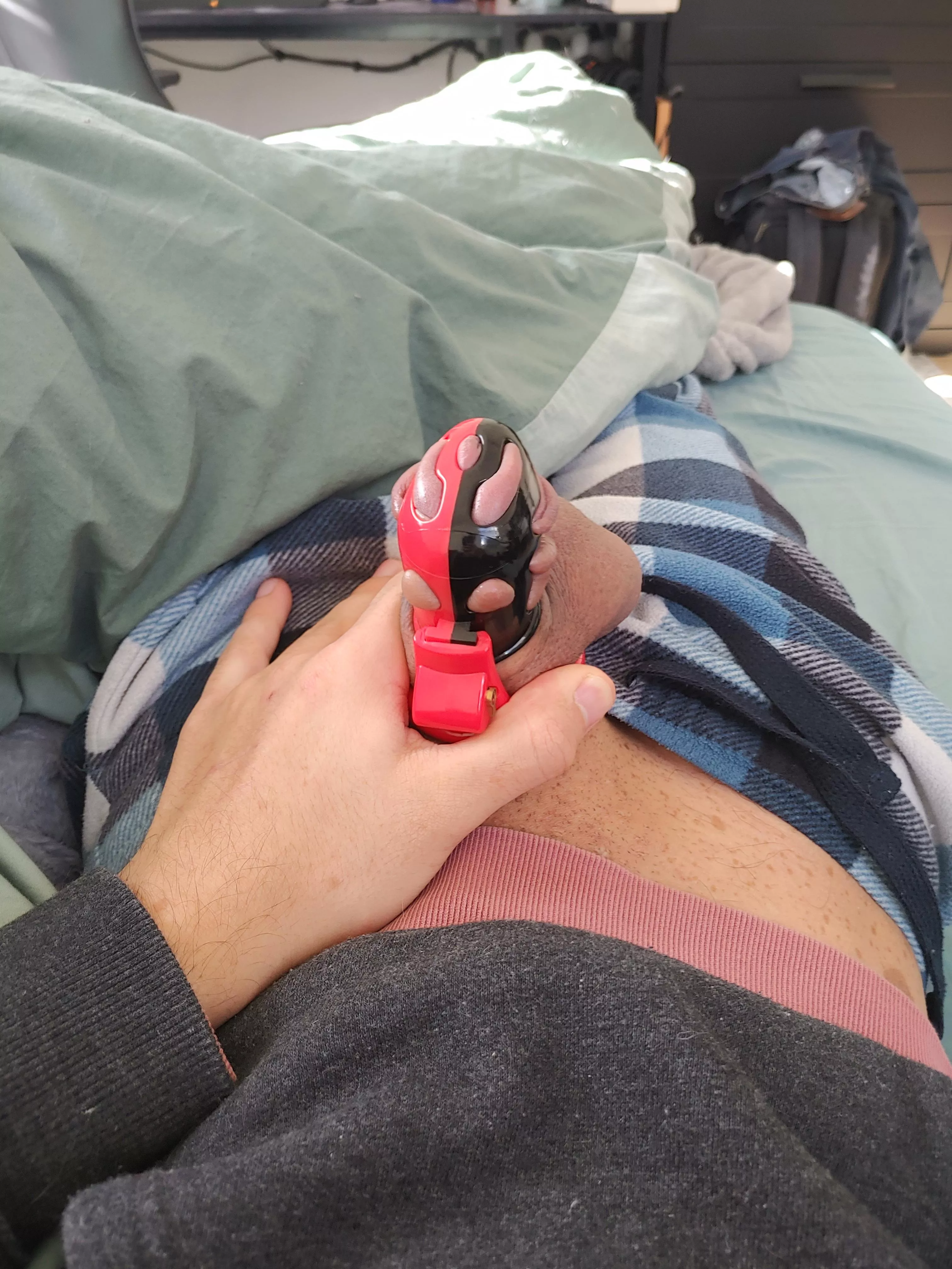 My dick straining in its cage posted by NudesofMe