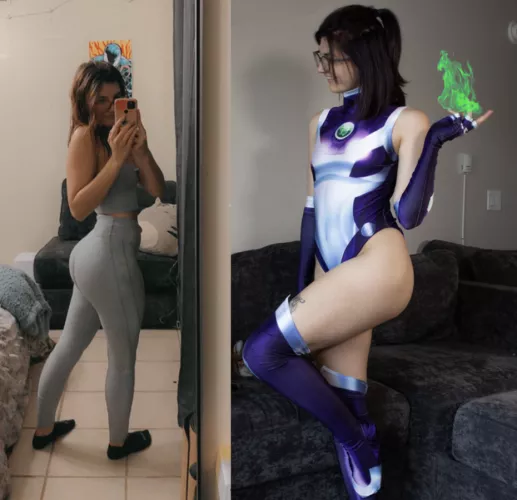 Out of cosplay vs in cosplay (Starfire by me) by Cozysophie