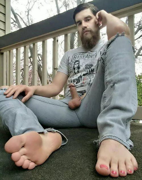 Pink Toenails and Dick Out on Porch by NakedMusicDude