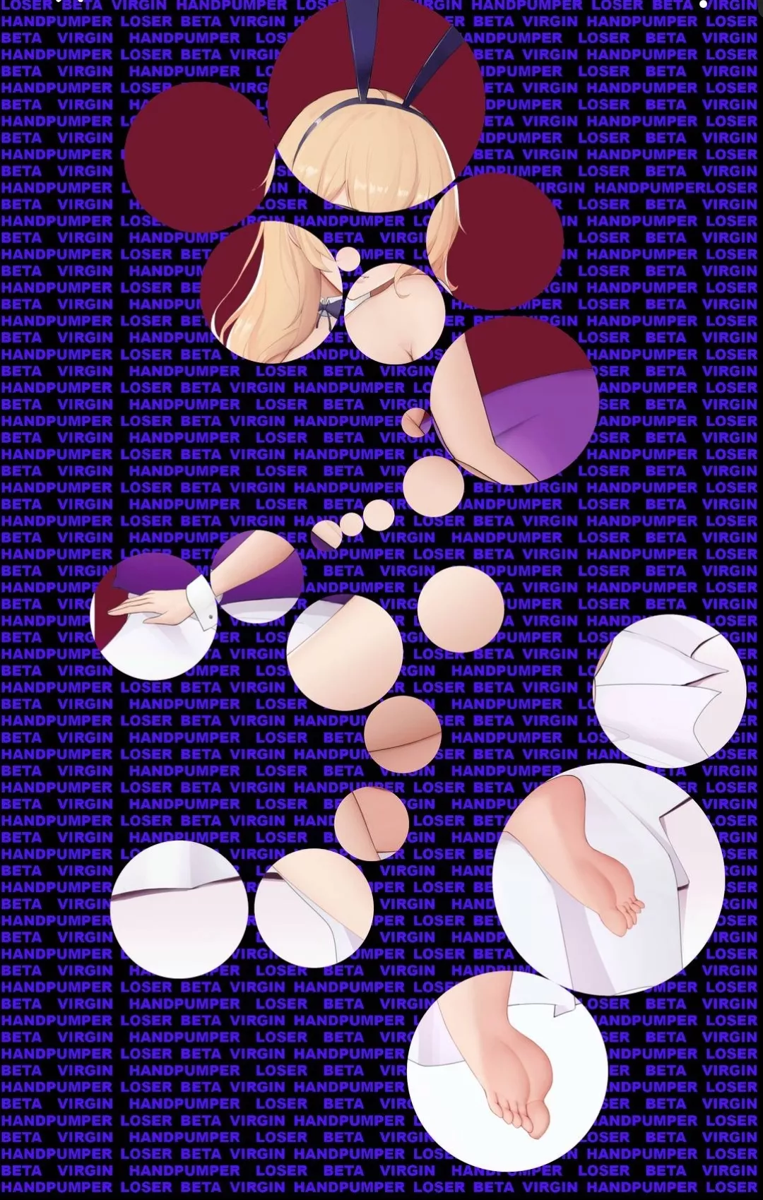 LF Color Source: blonde hair, bunny ears, bowtie, wrist cuffs, barefoot, 1girl, looks nude, highly edited, on bed, purple pillow, red background. posted by RandomName1841