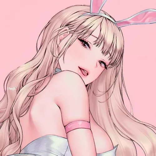 LF Color Source: 1girl, long hair, bangs, blonde hair, bunny hair ornament, hair over back, white bunny costume, white choker, looking at viewer, looking over shoulder, fair skin, parted lips, blush, pink arm band, big breasts, back view, pink background by NoobMemRCool