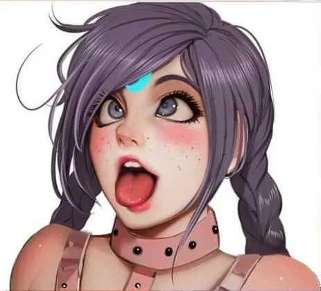 LF Color Source: 1girl, long hair, bangs, purple hair, braided hair, pigtails, pink bondage harness, pink choker, ahegao, blush, freckles, tongue out, white background posted by DarkCrowI