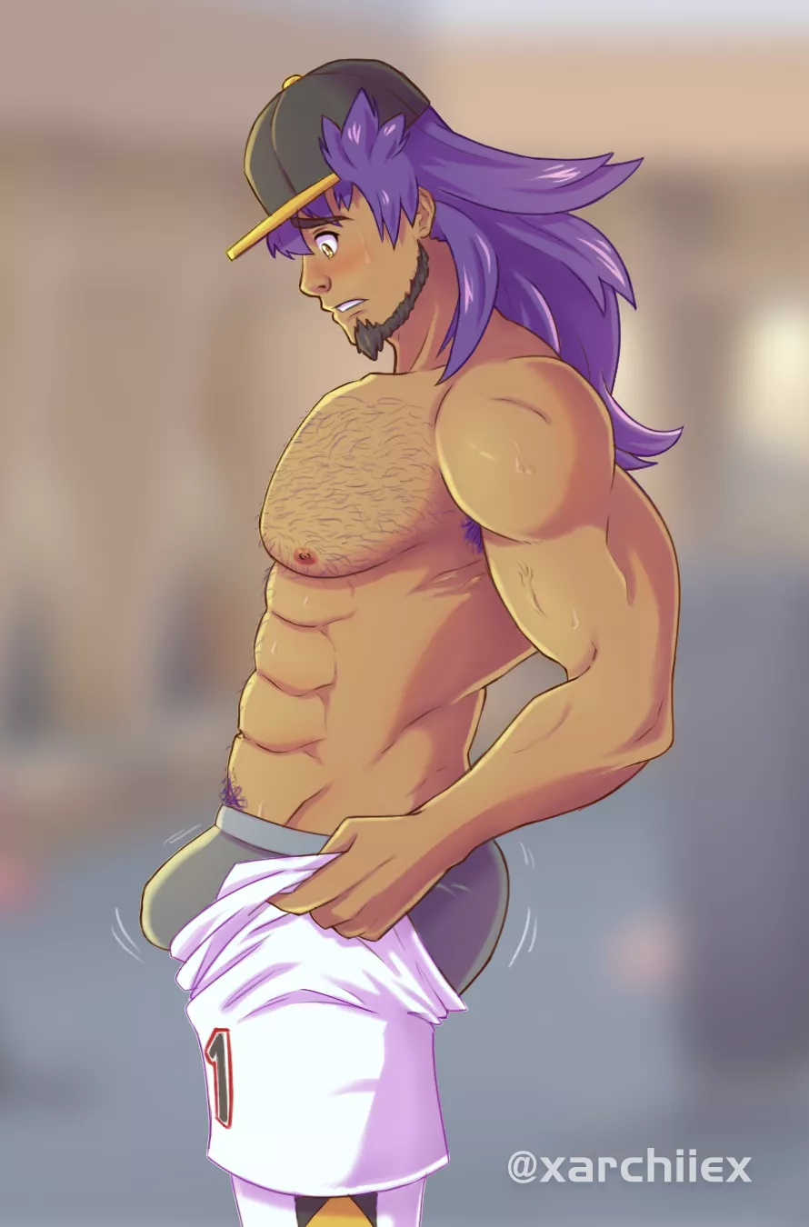 I don't know how many of you have seen this trend on Twitter, but I went ahead and did it with Galar's very own Champion Leon! He's been hitting the gym so hard that he can't fit into his uniform anymore :( (Artist: me) posted by BaraArchie