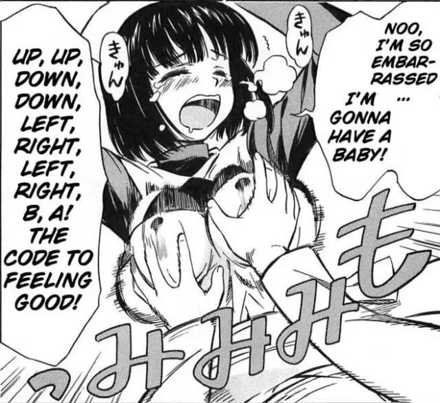 LF Mono Source, 1girl, 1boy, lying on bed, hands on breasts, flustered posted by gsifdgs