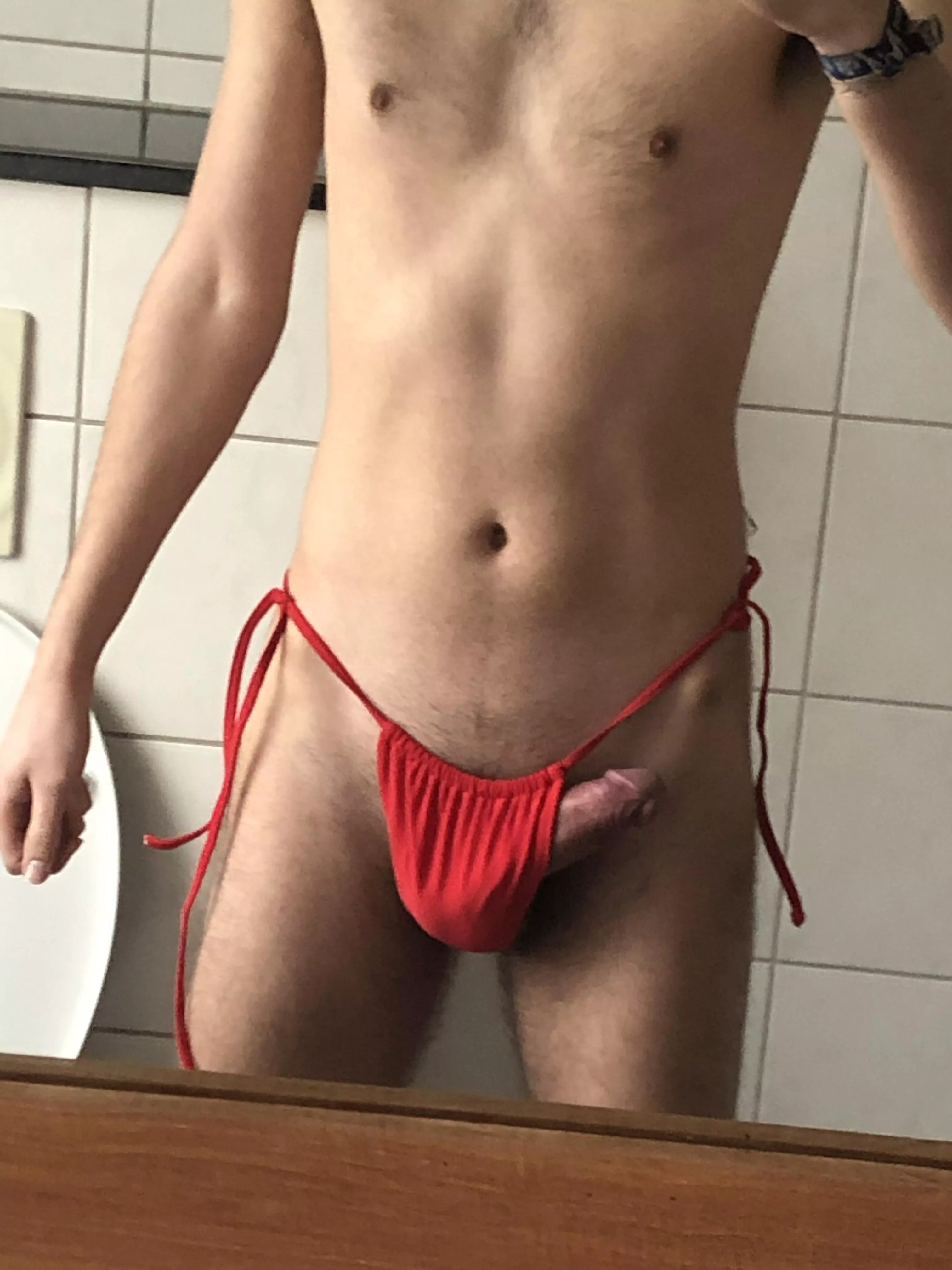 My gf wanted me to try on her bikini thong, dont think it covers it. posted by arji9999