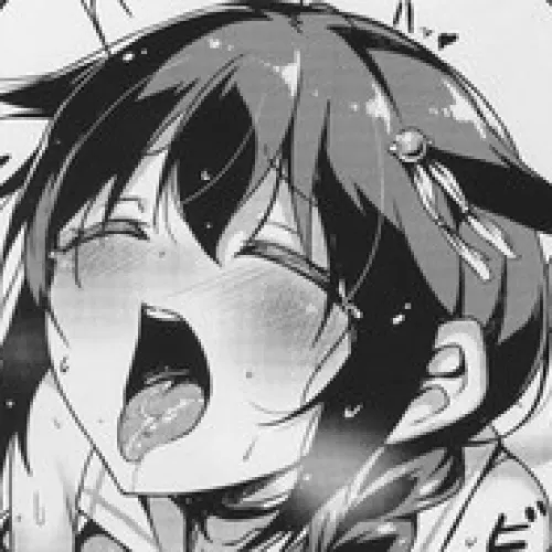 LF Mono source: 1girl, black hair, short hair, pigtail, hair ornaments, close eyes, frown, tongue out, saliva out, blush, sweat, big ears, sfx, forigen text, close up, crossed bangs, open mouth, pointed dot on face, shoulder by toneonis