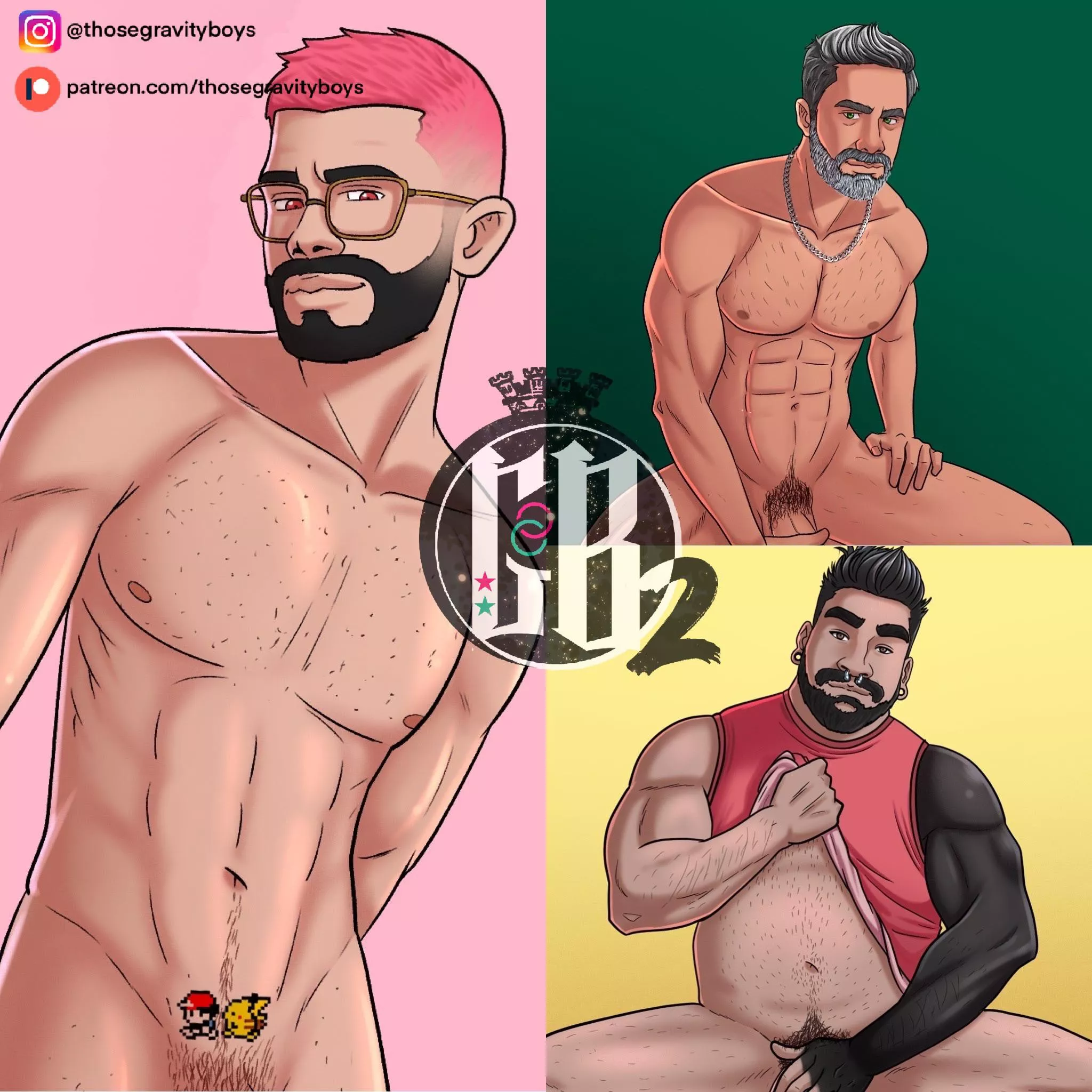 My three newest characters: Ezra (pink), Nikola (green), and Héctor (yellow) 🥵🥵🥵(Gravity Boys links in comments) posted by thosegravityboys