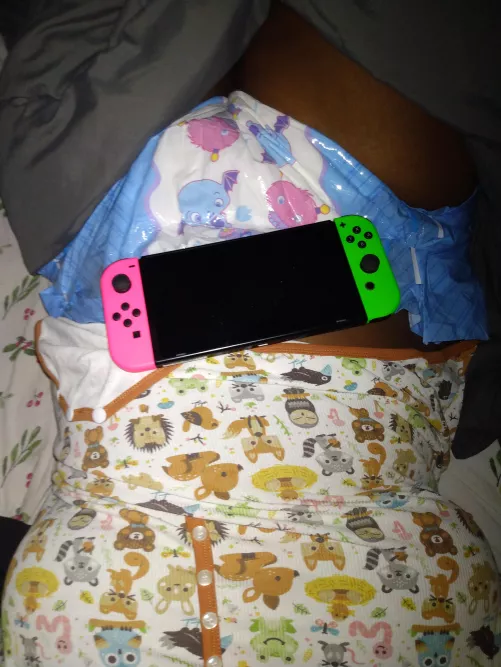 In my diapee playing my switch by Sunshear4