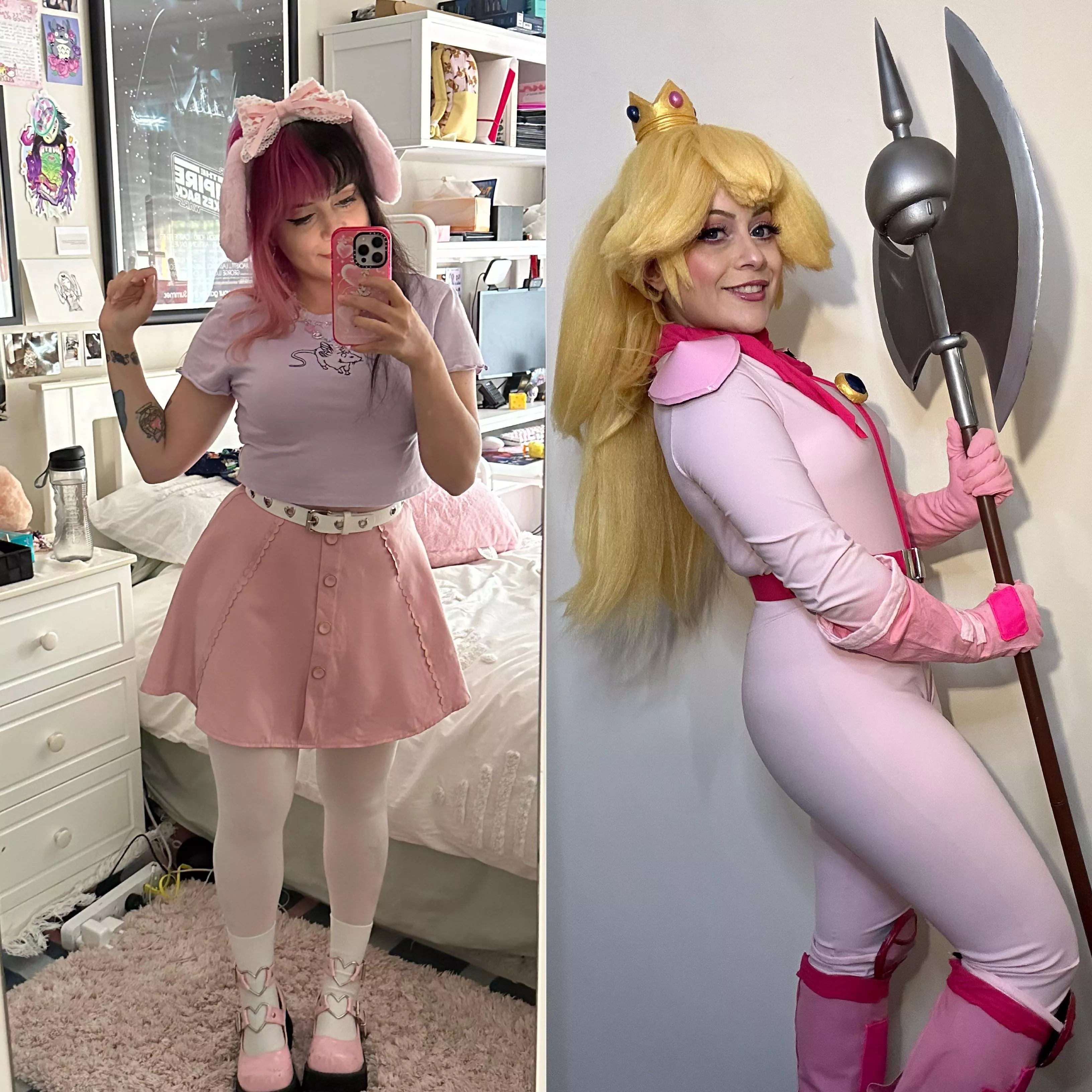 Me in and out of my most recent cosplay!! I made Peach in celebration of the upcoming Super Mario bros movie 🍑 posted by owldamone