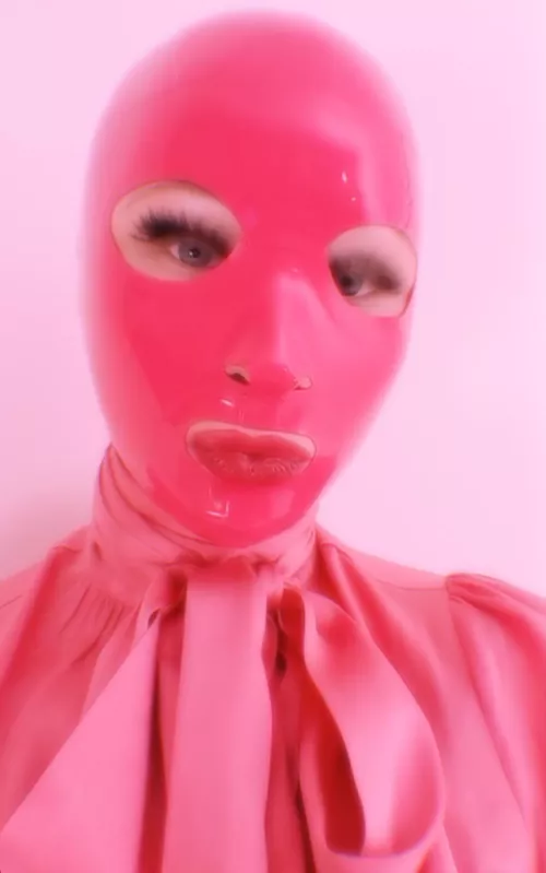 Pink latex hood by FetishAstrid