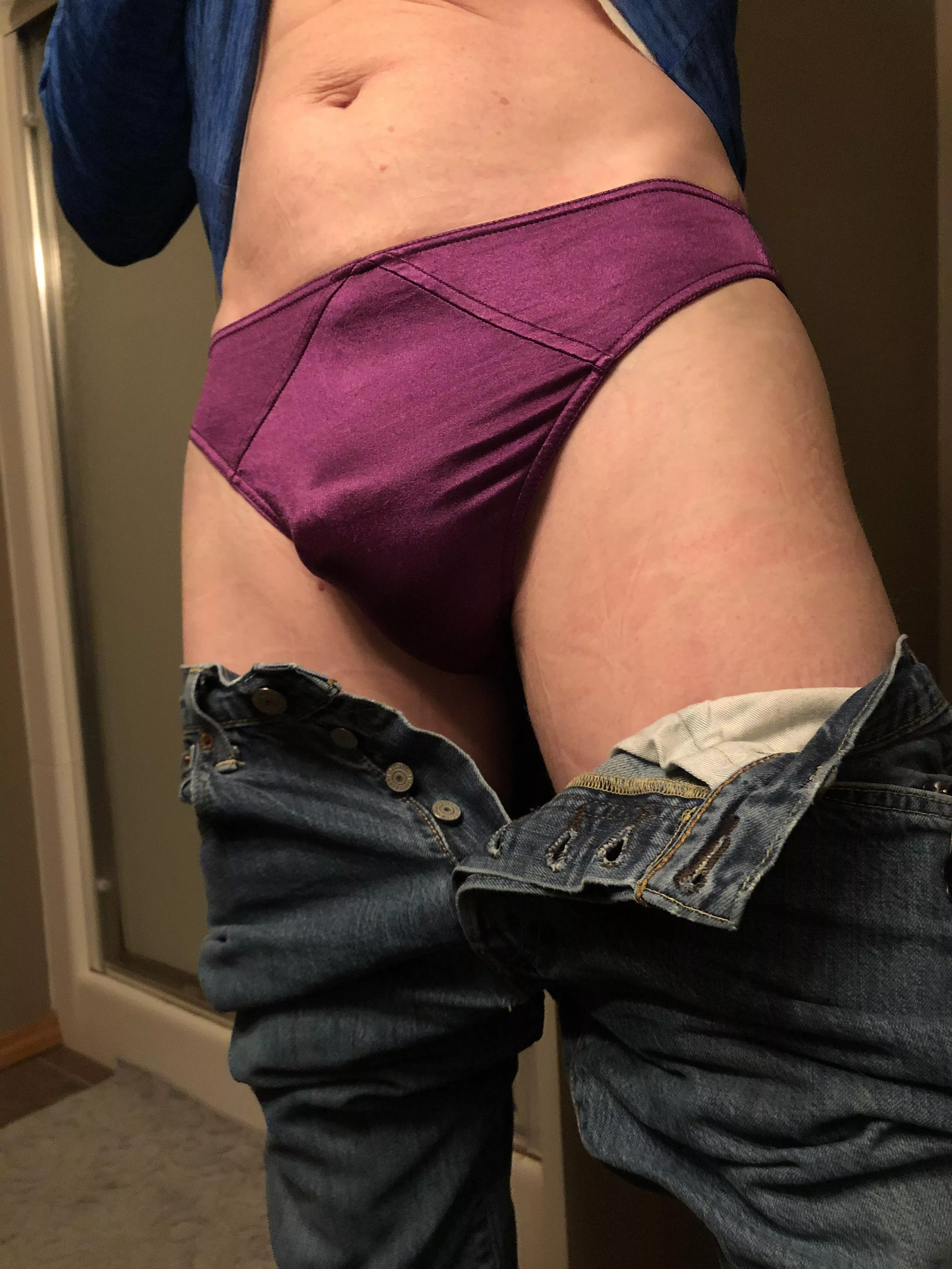 A clean shave and in purple satin! posted by pantyreview