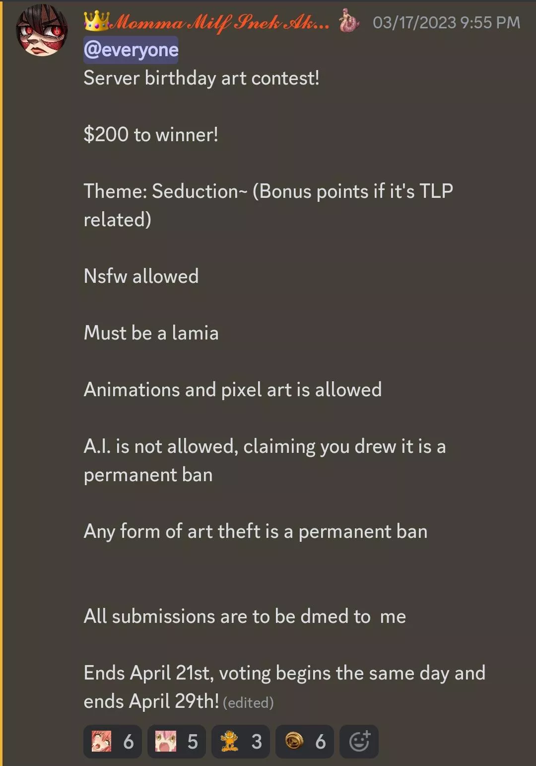 Calling all artists! The Lamia Palace Discord is hosting an art contest! $200.00 USD to first place! Only on https://discord.gg/lamia posted by Jaybird134
