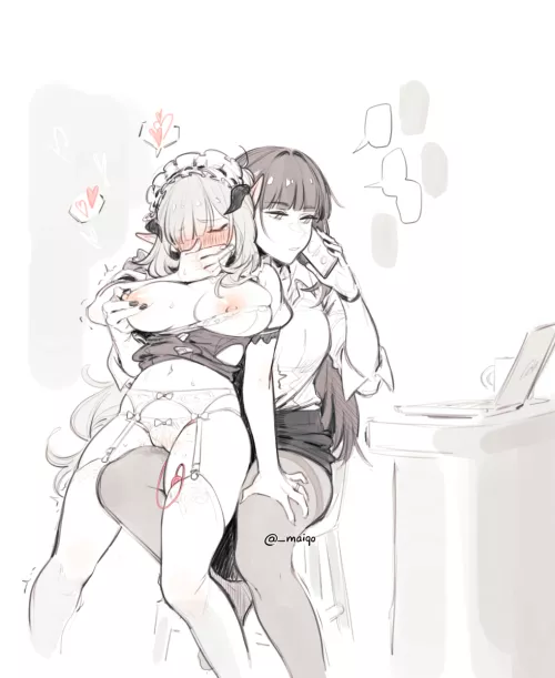 Raiden Mei answering the phone whilst taking care of Elysia (Maiqo) [Honkai Impact 3rd] by llamanatee
