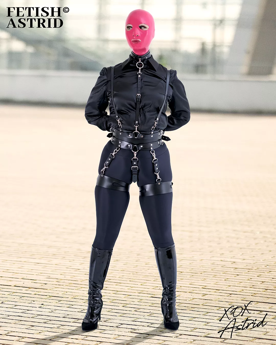All black outfit with shiny leggings and leather harness ✨️🖤✨️ posted by FetishAstrid