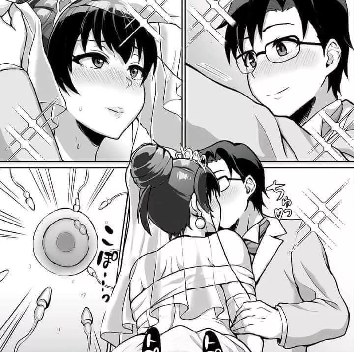 LF Mono Source: 1boy, 1girl, bare shoulders, black hair, bridal veil/wedding veil, bride, crown, earrings, eye contact, fertilization, foreign text, from behind, glasses, groom, impregnation, kiss, marriage, ovum, sfx, short hair, single hair bun, smile, posted by HentaiSource_Archive