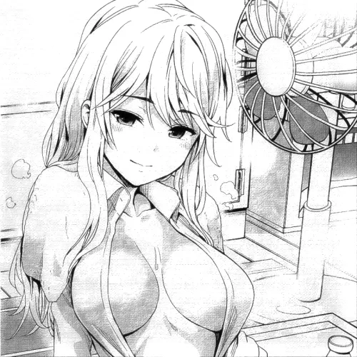 LF Mono Source: 1girl, arm support, blush, bottle, electric fan, large breasts, light hair, long hair, looking at viewer, no bra, open shirt, pink tint, shirt, sidelocks, smile, steam, swept bangs, towel, towel around neck, white hair by HentaiSource_Archive