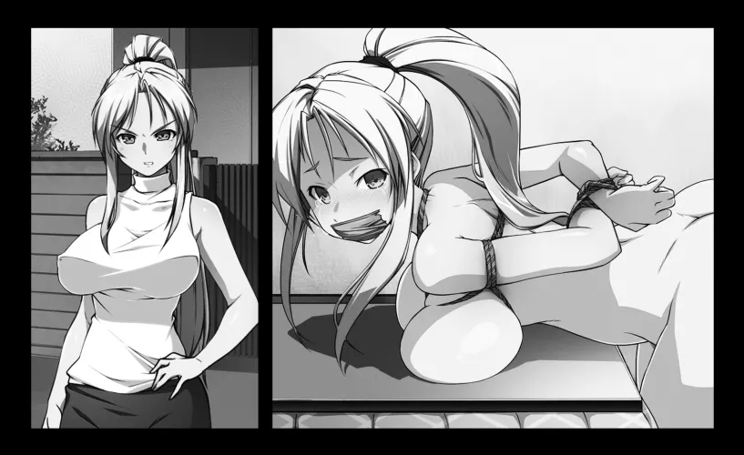 LF Mono Source , foreign text, 1girl, bondage, blonde hair, nude, tape gag, bound hands, clothed by meemworthy